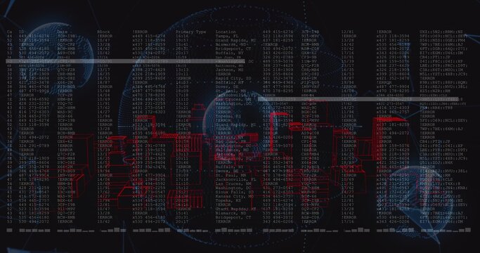Displaying central blue skull overlaying red circuit diagrams on dark monitor, with white code rows