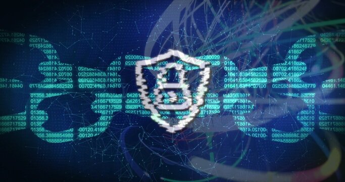 Displaying central pixel shield emblem glitching over digital network, showing padlock, code, mesh
