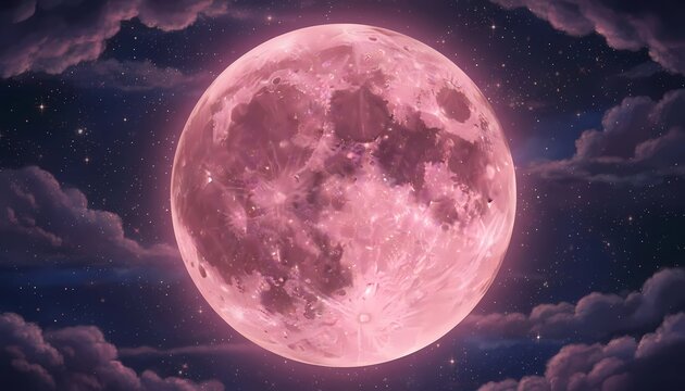 Pink Moon Phenomenon in Starry Night Sky with Clouds