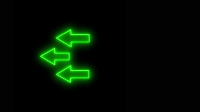 Neon green glowing triple arrows pointing left animation on black background, for directional signage, and ui
