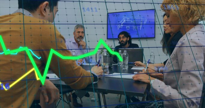 Discussing five professionals in business writing around table in office, with blueprint overlay