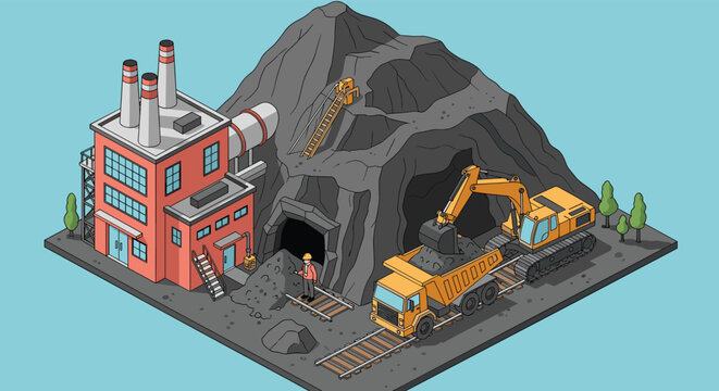 Industrial coal mining operation features a large mountain, a processing factory, heavy excavator, and a dump truck on rails in an isometric view.