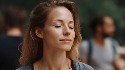 Obraz premium Close up portrait of a woman meditating outdoors radiating peace and calm in a natural group setting