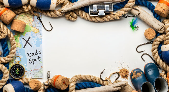 Father's Day Fishing Theme Flat Lay Frame with Nautical Rope, Hooks, Compass, and Rubber Boots
