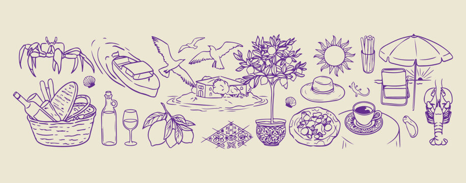 Hand drawn winter trees garden scenery, minimalist outdoor landscape and nature doodles, decorative pine and spruce tree sketches, artistic winter season park design elements, minimalist forest and wo