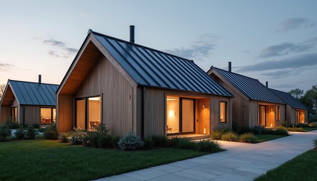 Row of modern modular houses at dusk with warm interior lights illuminating large windows. Wood siding, dark metal roofs define minimalist architecture. Landscaped green lawns surround residential