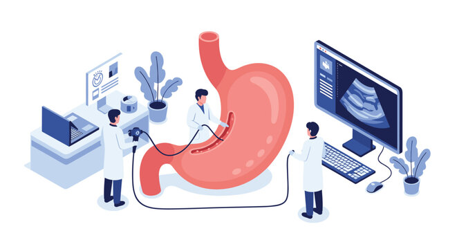 Medical team performs an endoscopic procedure on a large human stomach model while monitoring the results on high-tech digital screens.