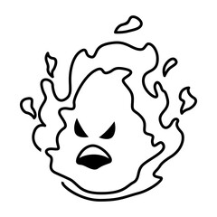 Obraz premium Cute & Angry Fire Emoji Black Outline Doodle Illustration. Mad Flame Smiley Mascot Character Emoticon Design