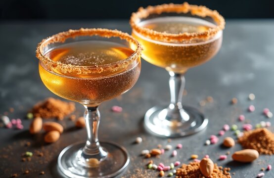 Two golden cocktails with sugar rim sit on dark table. Nuts and candy scattered around glassware. Festive mood for holiday celebration. Cheers toast.