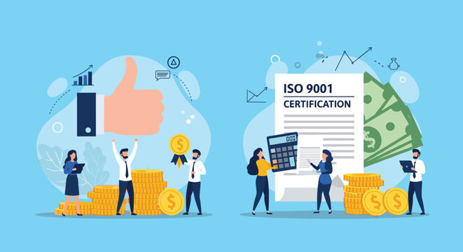 Successful business professionals celebrate achievements and gold coins under a giant thumbs up while others review an ISO 9001 certification.