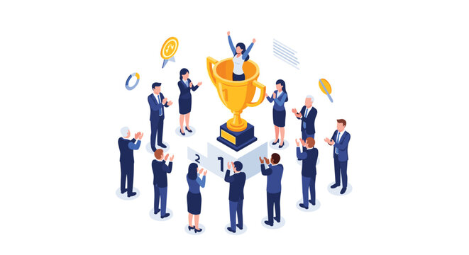 Diverse group of business professionals stand in a circle and applaud a woman standing inside a giant golden trophy on a winner podium.