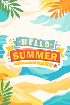 Hello Summer Tropical Beach Background with Palm Leaves and Sea Waves Banner