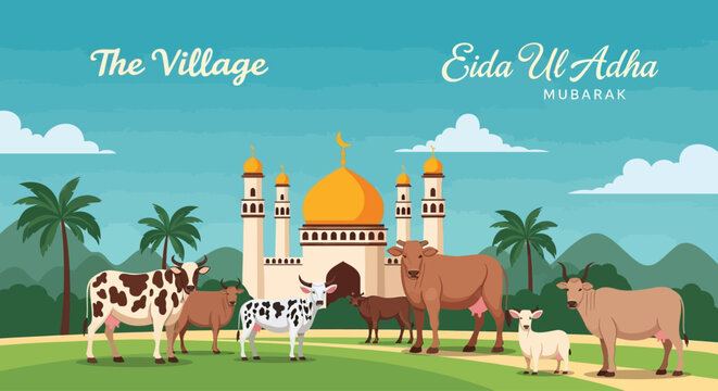 Cartoon illustration of a prominent white ram flanked by two black sheep, with a mosque background, symbolizing the Eid al-Adha holiday