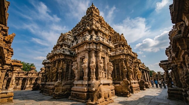 Ancient South Indian Temple with Majestic Stone Sculptures and Intricate Carvings Under Dramatic Sky