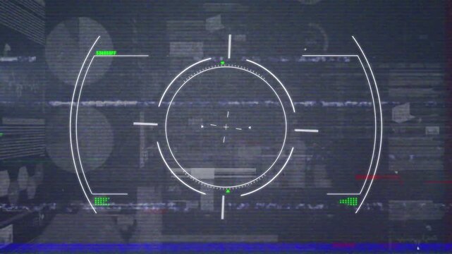 Animation of glitch effect and scope scanning over statistical data processing on grey background