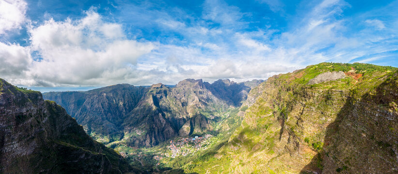 Panoramic aerial view of Curral das Freiras from Miradouro do Pared�o
