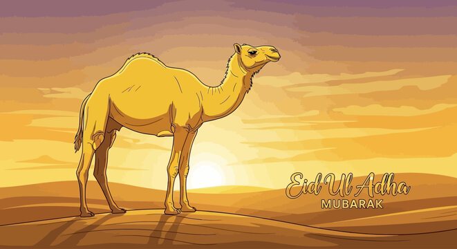 Golden camel in a serene desert landscape under a warm sunset glow, representing a significant traditional celebration