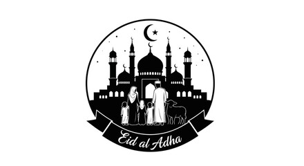 Fototapeta premium Eid al Adha Celebration Mosques and Family with Sheep