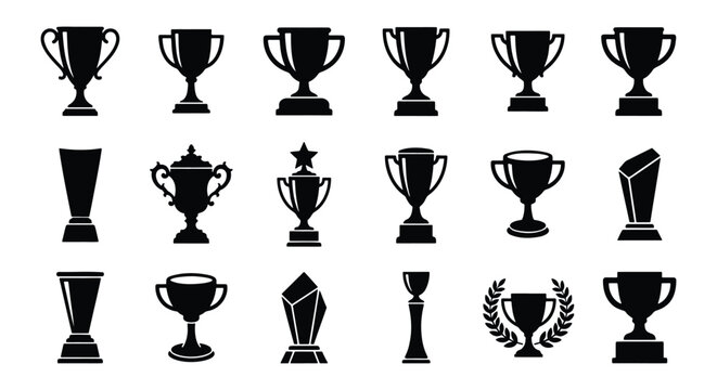 Trophy cup icon set, black silhouette award symbols for sports and business achievement, 18 champion prize vector elements for victory celebration