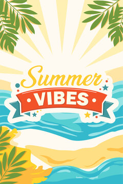Summer Vibes Tropical Beach Background with Sunburst and Palm Leaves Illustration