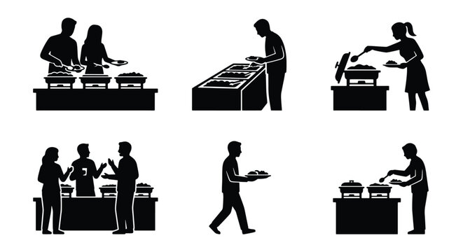 Buffet catering silhouette icons, restaurant self-service food station vector set, people serving dinner at banquet event, 6 black silhouettes