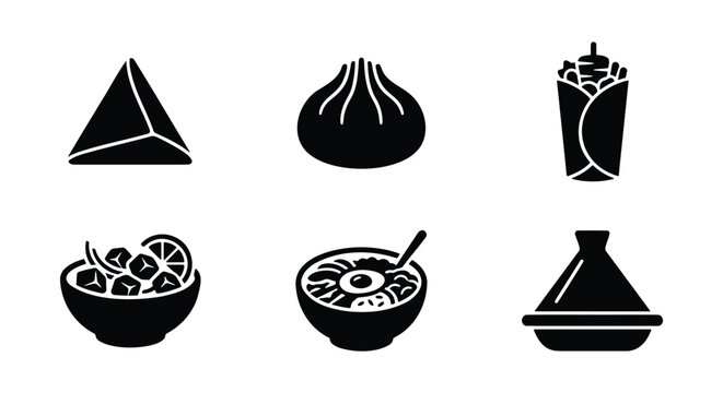 Middle Eastern and Asian food icons set, 6 black solid vector elements, traditional cuisine symbols including shawarma, dumpling, and tajine