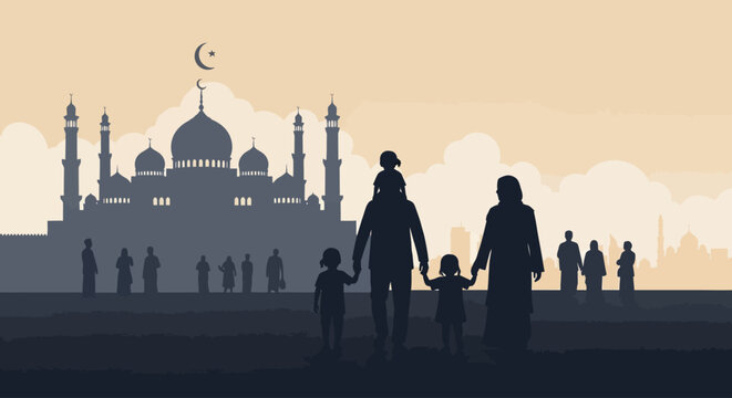 A Muslim Family Walking Towards a Mosque During Sunset