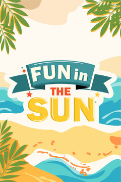 Fun in the Sun Tropical Beach Background with Palm Leaves and Sea Waves Illustration