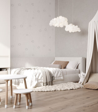 Cozy modern children room with white bed and cloud lamp