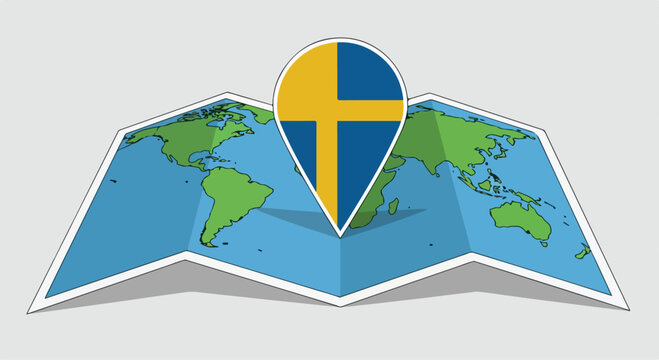 World map with a Swedish flag location marker highlighting Sweden on a geographic globe illustration