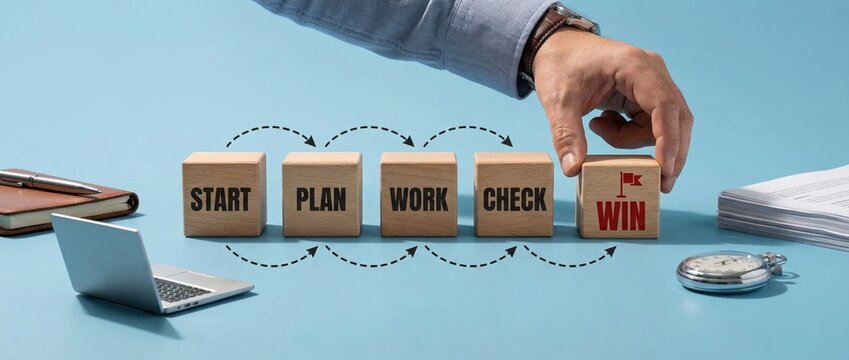 Strategic planning workshop achieving business success through effective start plan work check and win techniques in a professional office environment