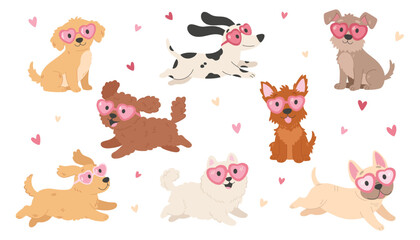 Fototapeta premium Cute dogs with heart glasses, Valentine love concept, different breeds puppy set. Vector illustration