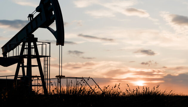 Oil pumpjack silhouette at sunset reflecting energy and sustainability