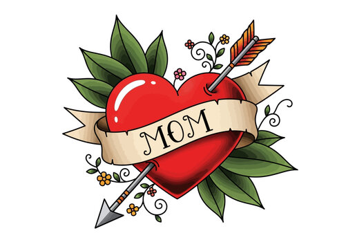 Classic Old School Tattoo Style Red Heart with Mom Ribbon Banner and Arrow Illustration