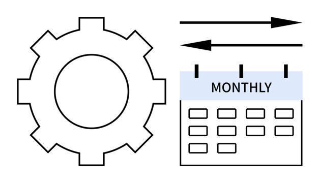 Business processes, task management, workflow efficiency, automation, productivity, planning. Gear symbol and monthly calendar with arrows. Workflow efficiency and task management focus