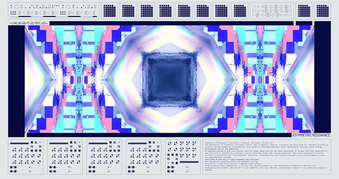 Abstract pastel sci-fi HUD interface with asymmetric resonance data and geometric fluid motion loop