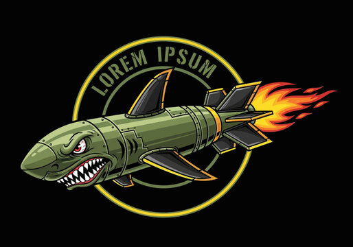 Aggressive Shark Missile Mascot Vector Illustration - Military Style Rocket Nose Art Badge Logo