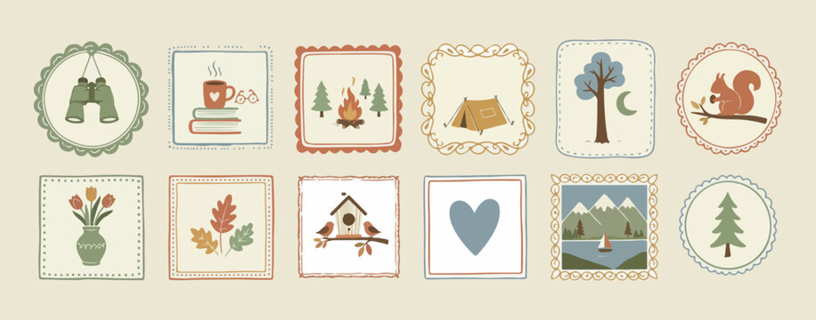 Scenic nature landscape frames, outdoor adventure vector borders, mountain and forest illustration frames, environmental travel border graphics, rustic scenery frame elements, eco-friendly nature icon