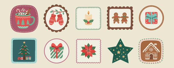 Christmas winter holiday icons, festive seasonal vector illustrations, xmas celebration decor graphics, snowflake and holly berry symbols, winter mittens and candle elements, holiday season greeting i © Geetaroy