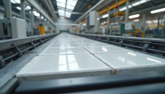 Glazed ceramic tiles move on automated conveyor belt in factory production line. Shiny square tiles advance through modern manufacturing process for construction and home decor materials.