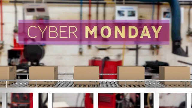 Animation of cyber monday text over cardboard boxes on conveyor belt in warehouse