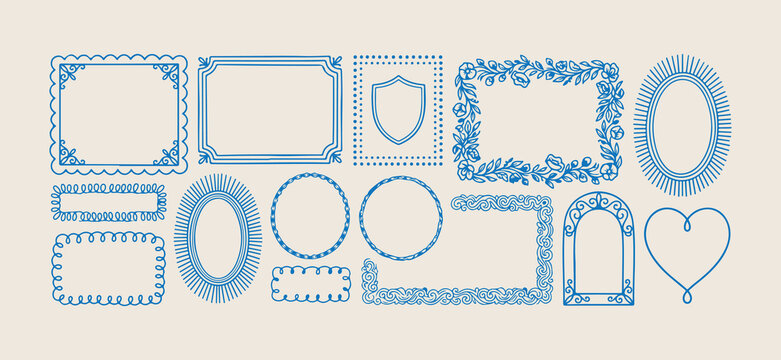 Blue ornate frame set, decorative border vector illustrations, classic empty label graphics, artistic blue frame shapes, scrapbook design border elements, vintage style frame icons, versatile blue bor