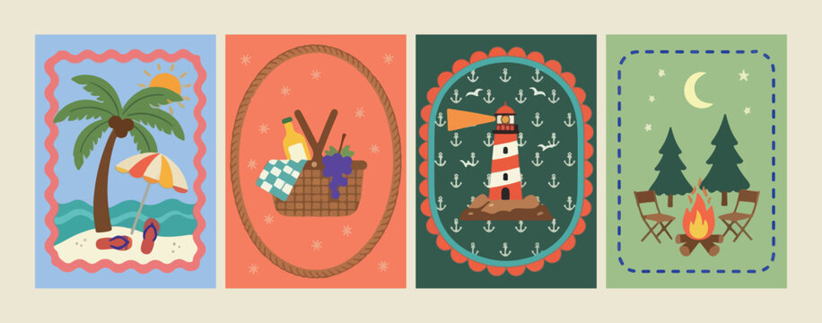 Nautical lighthouse beach set, summer picnic basket illustrations, ocean travel sea graphics, marine navigation icon elements, vacation food and wine symbols, coastal lifestyle vector collection, mari