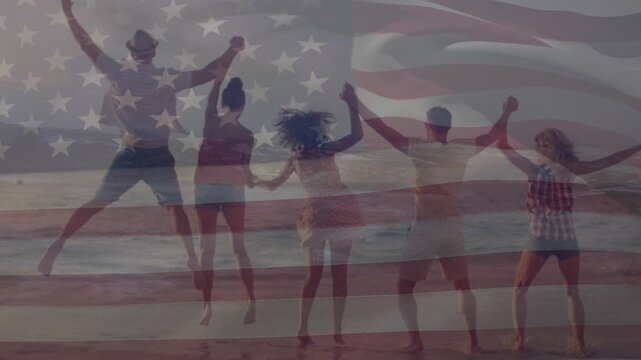 Animation of waving american flag over group of friends