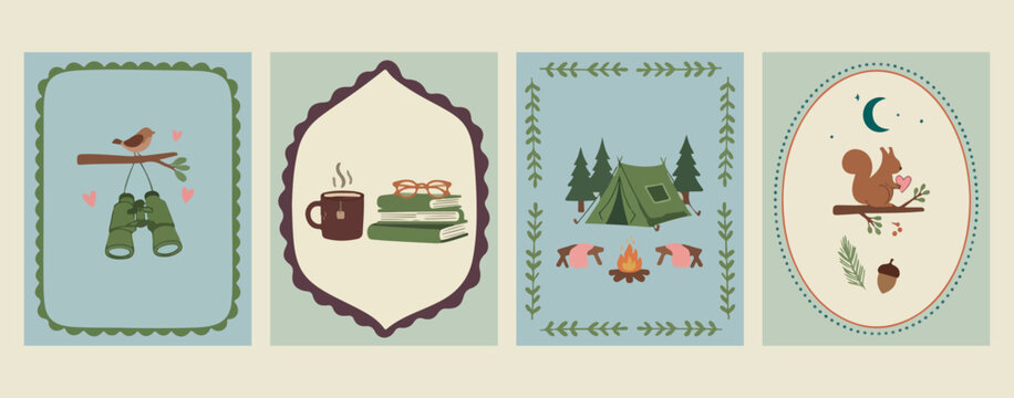 Outdoor adventure book labels, camping and education icons, mountain forest tent graphics, cozy library camping elements, nature study badge set, exploring wilderness book illustrations, rustic travel