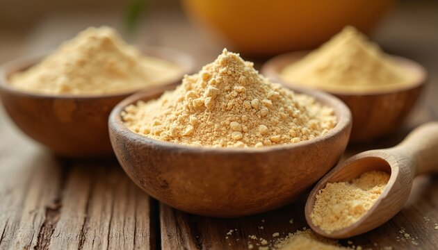 Yellow powder in wooden bowls, light yellow granular substance, natural ingredient, cooking spices, dry food product, natural medicine. Natural background, close up.