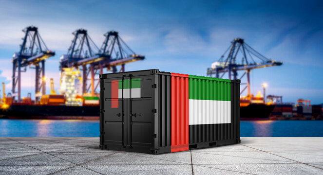 UAE Container: A shipping container proudly displays the UAE flag against a backdrop of a bustling harbor, symbolizing international trade and global connectivity.