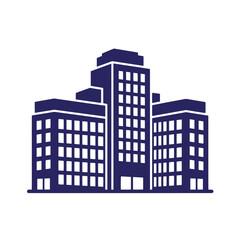 Obraz premium Dark blue silhouette of a multi-story office building with a central tower and two side wings, featuring grid-pattern windows on a white background