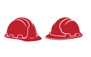 Fototapeta premium Two red hard hats, side view, white outline, isolated on white background, construction hats safety helmets