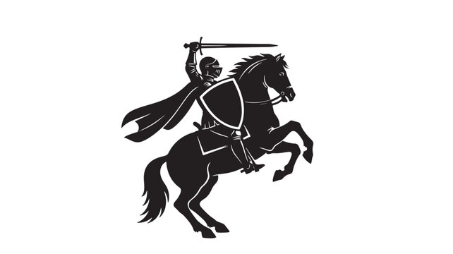 Knight horse rider silhouette icon with spear and flowing cape on white background for logo design featuring medieval, cavalry, jousting with lance